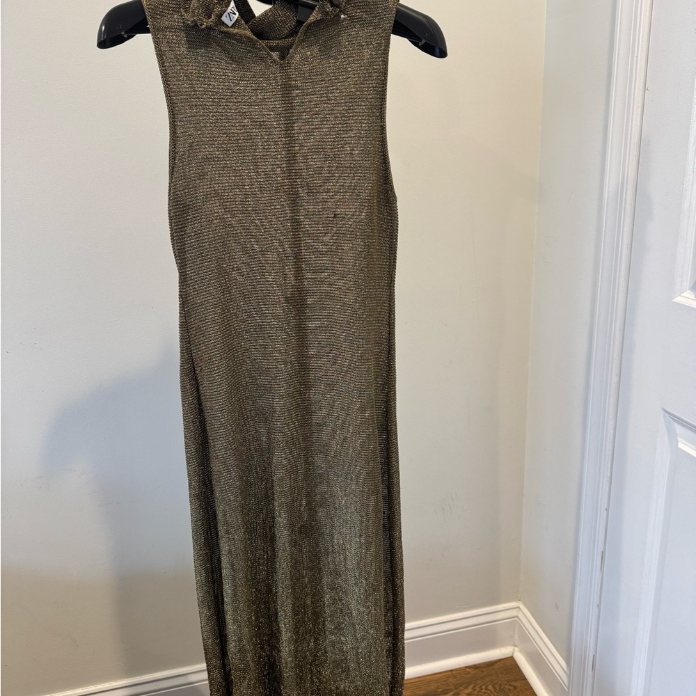 Zara Sleeveless Metallic Olive Maxi Dress
